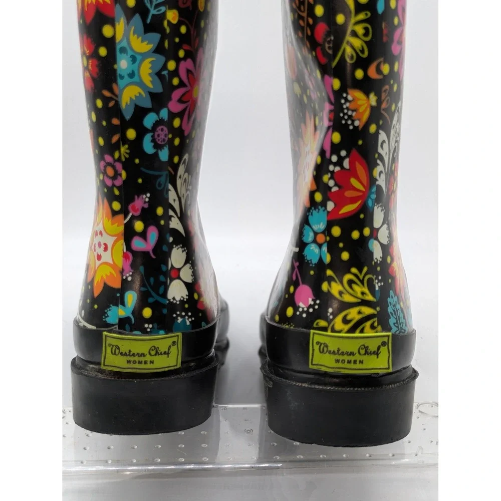 Western Chief Garden Play Rain Boots Womens 6 Black Floral Waterproof Tall